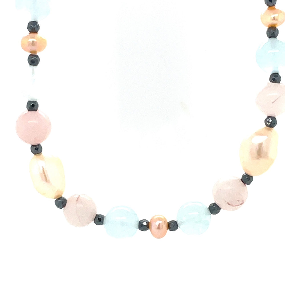 Aquamarine ,Rose Quartz,Haematite & Pearls Necklace