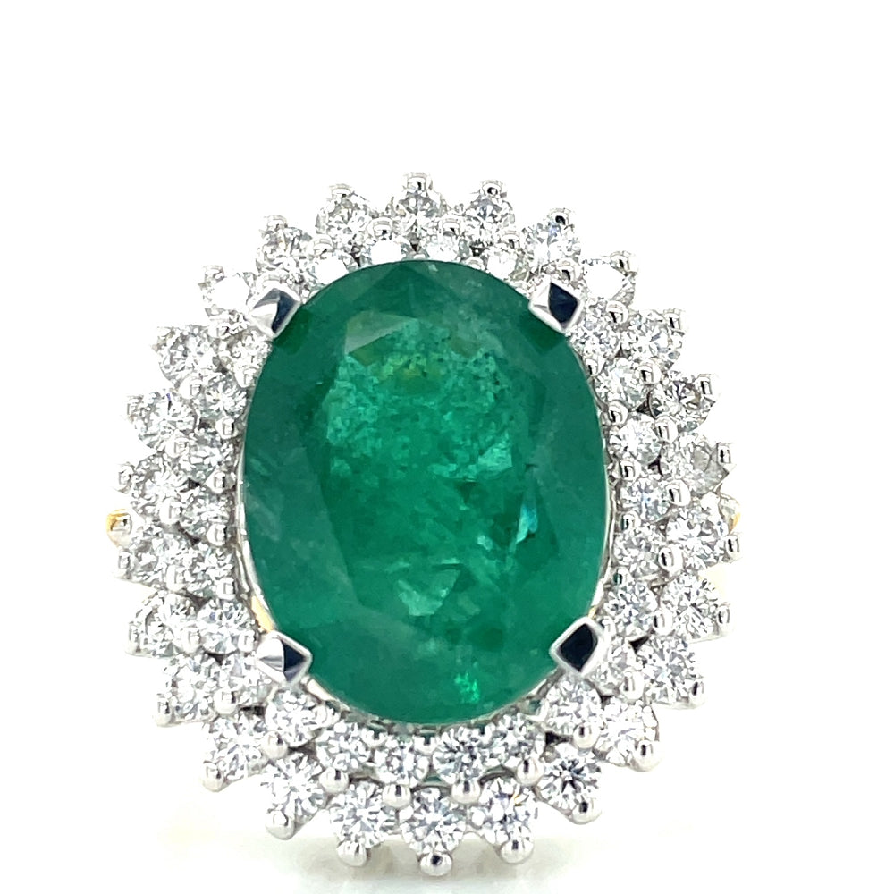 18k B/Tne 6.65ct Oval Emerald & 1.24ct Diamonds Cluster Ring