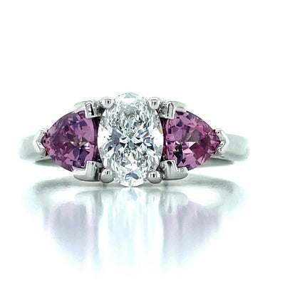 'Isabeau' Platinum 0.81ct Oval Diamond & Padparadscha Sapphires Ring