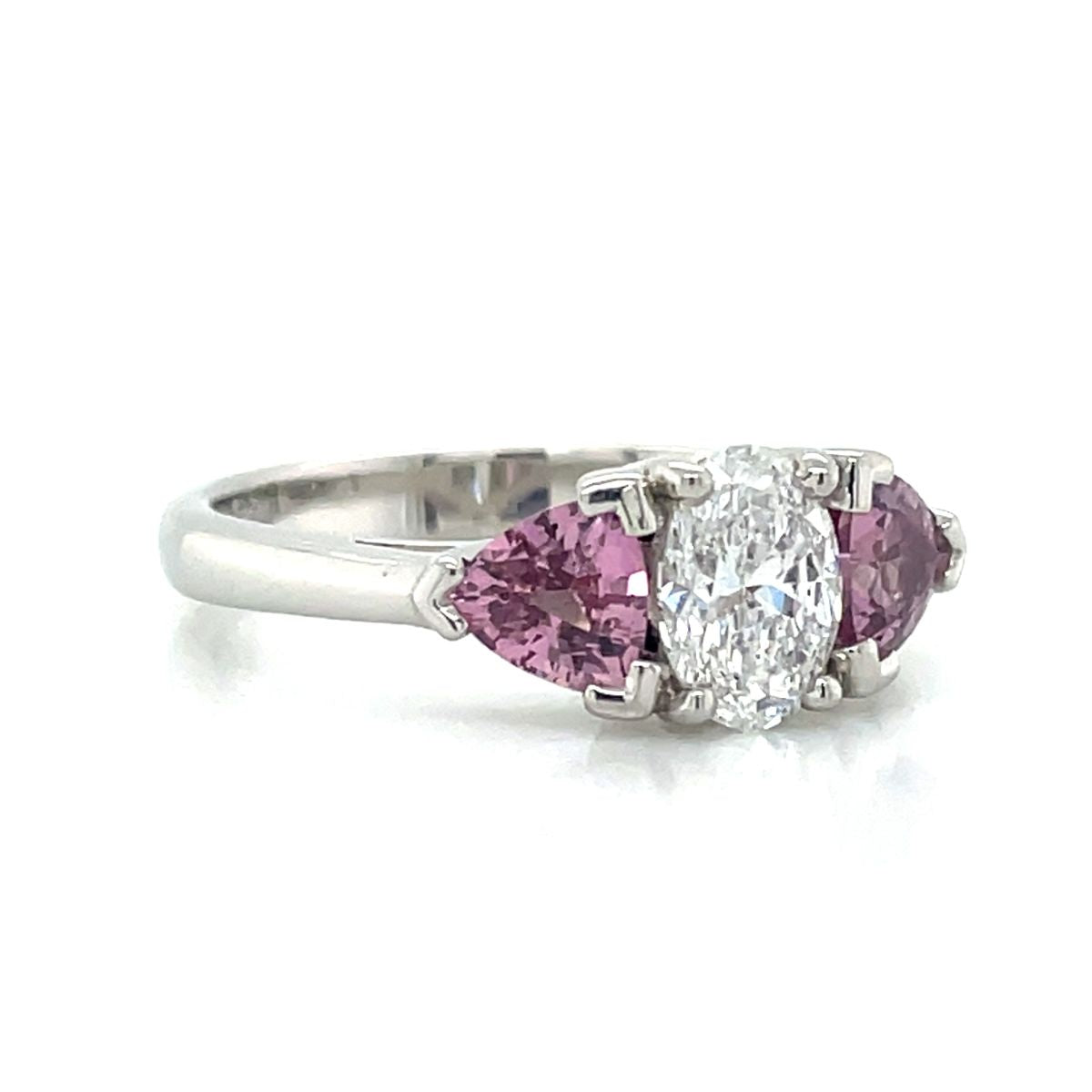 'Isabeau' Platinum 0.81ct Oval Diamond & Padparadscha Sapphires Ring