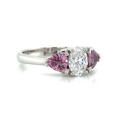 'Isabeau' Platinum 0.81ct Oval Diamond & Padparadscha Sapphires Ring