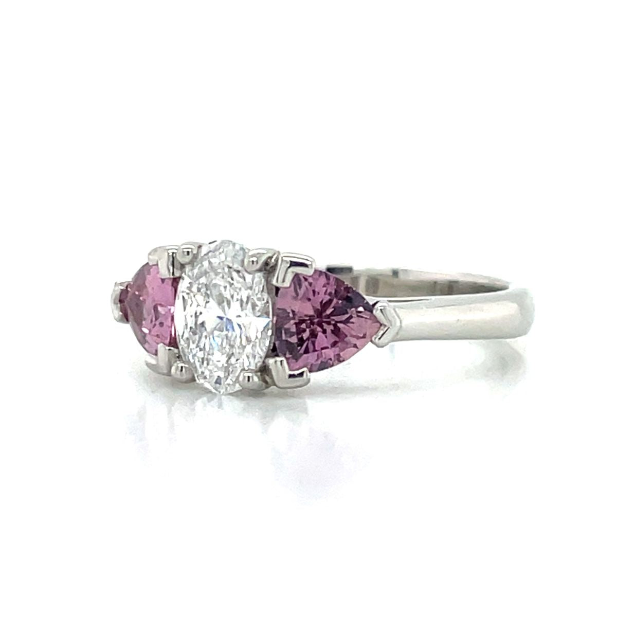 'Isabeau' Platinum 0.81ct Oval Diamond & Padparadscha Sapphires Ring