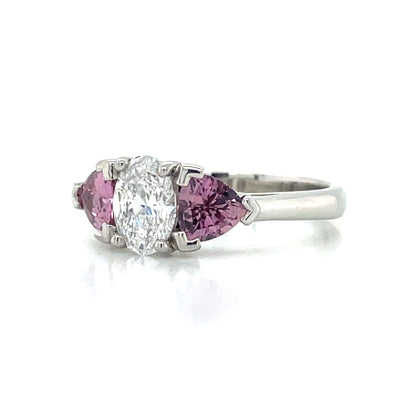 'Isabeau' Platinum 0.81ct Oval Diamond & Padparadscha Sapphires Ring