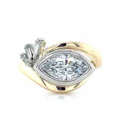 'Edith' 9k Yellow Gold & Platinum 1.66ct Lab Grown Marquise Diamond & Baguette Diamonds Ring