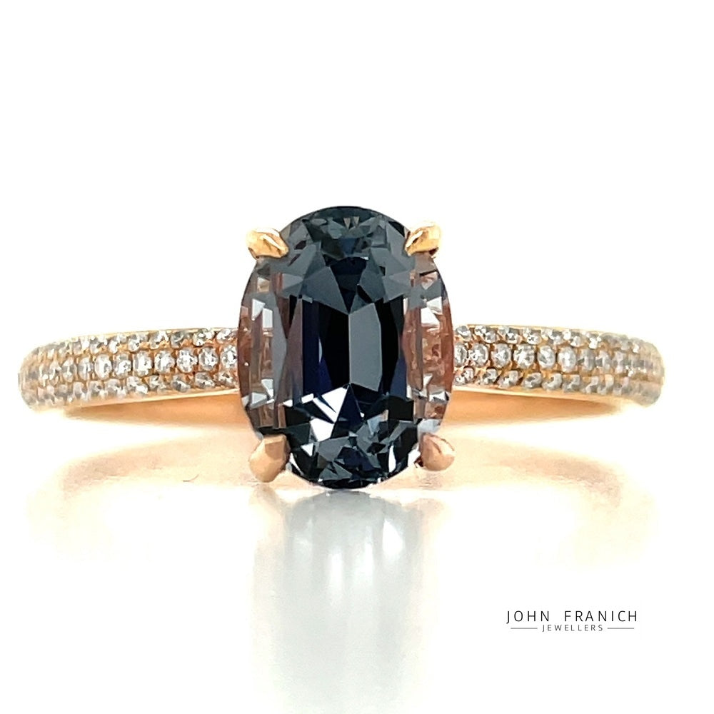 18k Rose Gold 1.84ct Oval Grey Spinel & 0.22ct Pave Diamonds Ring