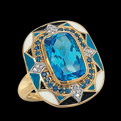 9k Gold 4.90ct Swiss Blue Topaz, Sapphires, Diamonds & Enamel Ring