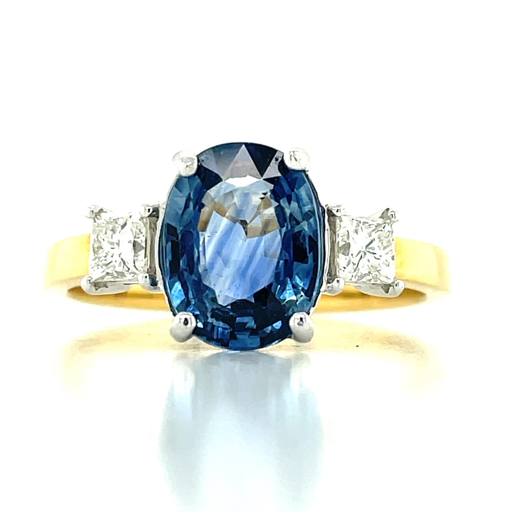 18k B/Tn 2.22ct Oval Sapphire & 2=0.41ct Princess Diamonds Ring john-franich-jewellers-nz