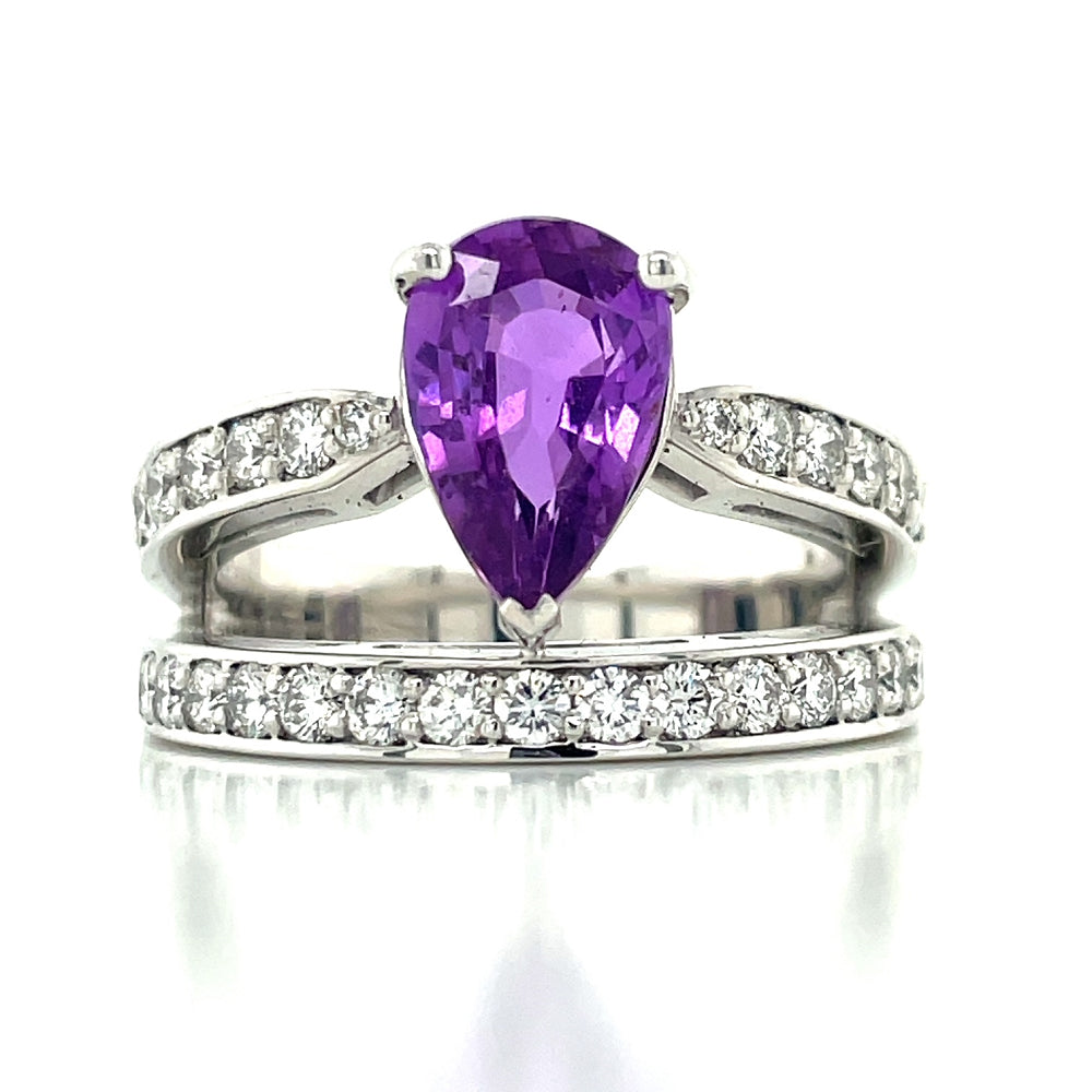 18k White Gold 2.3ct Purple Pear Sapphire & Diamonds Double Band Ring