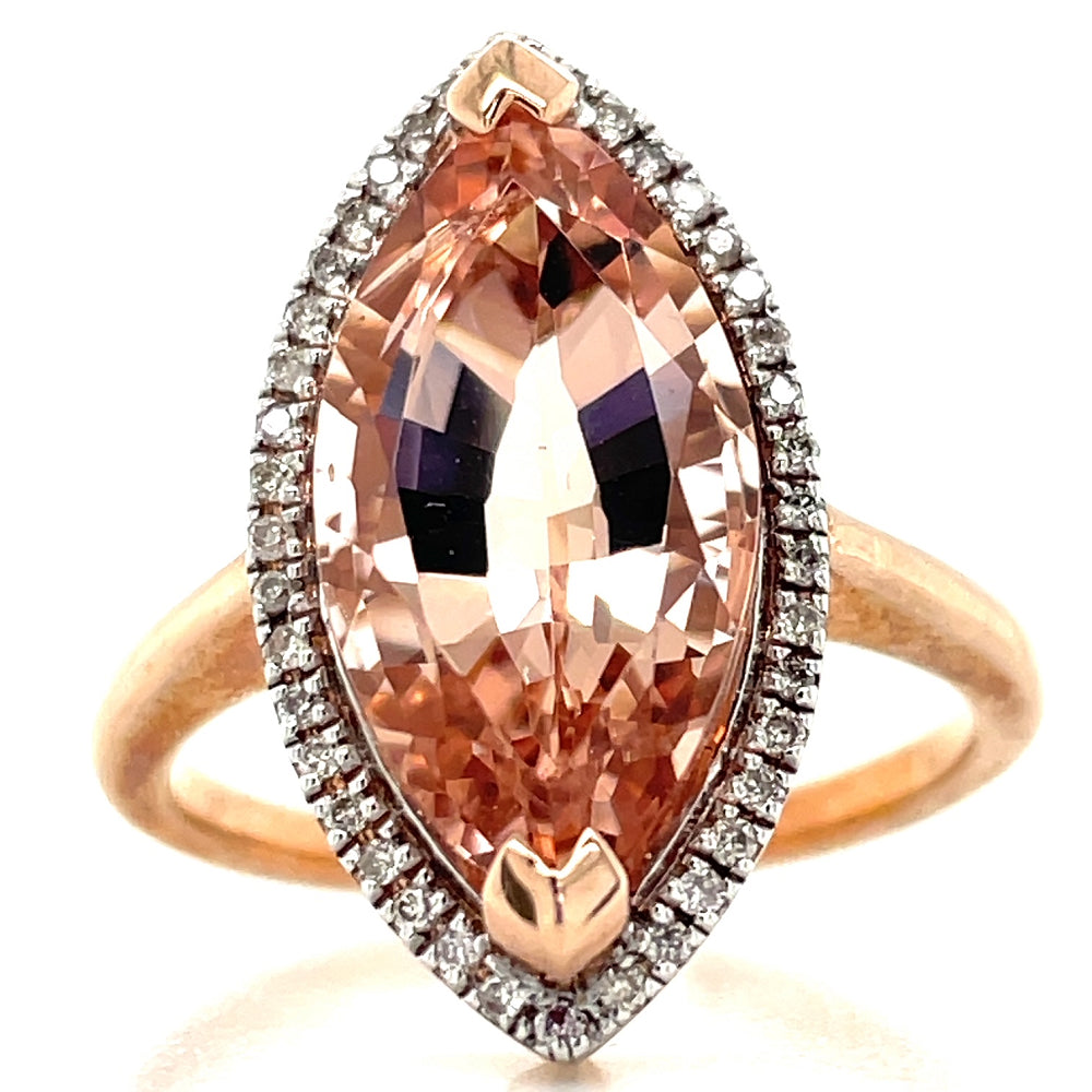 9k Rose Gold 4.81ct Marquise Morganite & Diamonds Cluster Ring