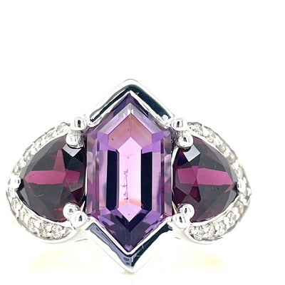 9k B/Tn 2.54ct Amethyst, Rhodolite Garnets & Diamonds Ring