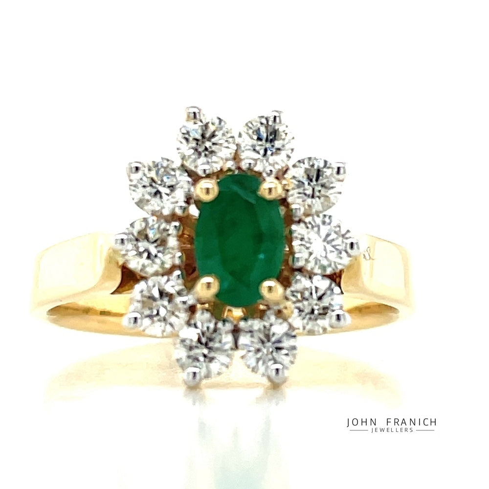 9k Gold 0.46ct Oval Emerald & Diamonds Cluster Rng