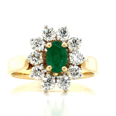 9k Gold 0.46ct Oval Emerald & Diamonds Cluster Rng