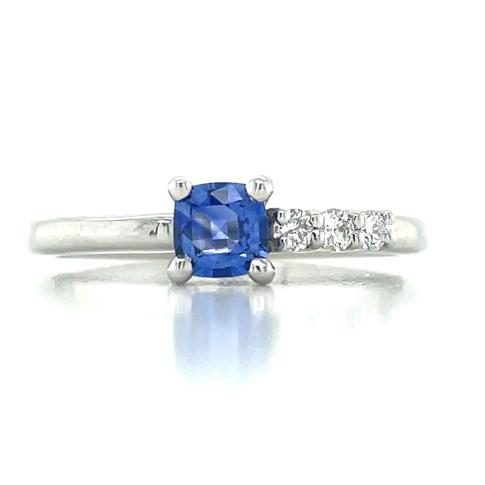 'Bluet' 9k White Gold 0.47ct Cushion Blue Sapphire & Diamonds Ring