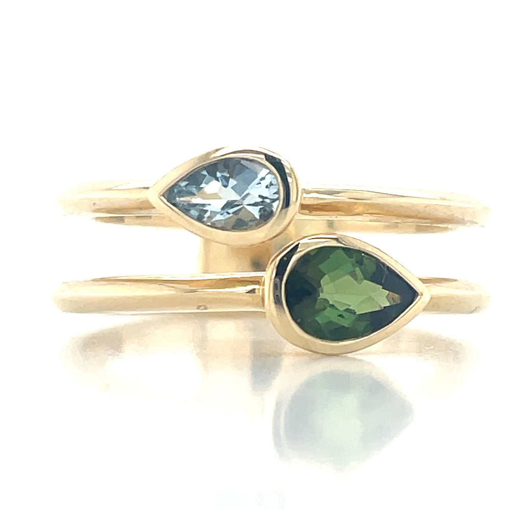 9k Yellow Gold Pear Aquamarine & Green Tourmaline Duo Ring