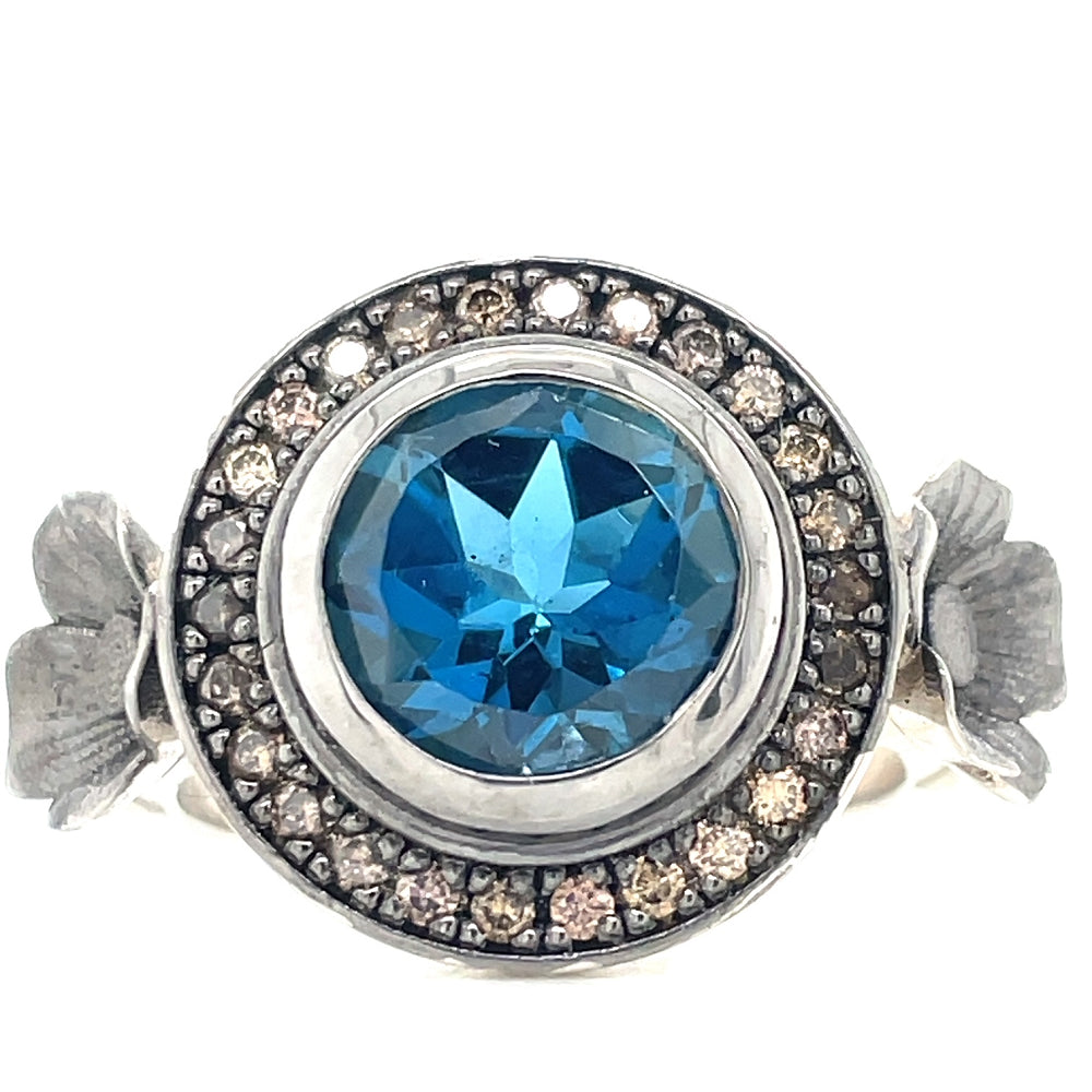 Poppy 2 - 9k White Gold 3.53ct London Blue Topaz & Champagne Diamonds Ring