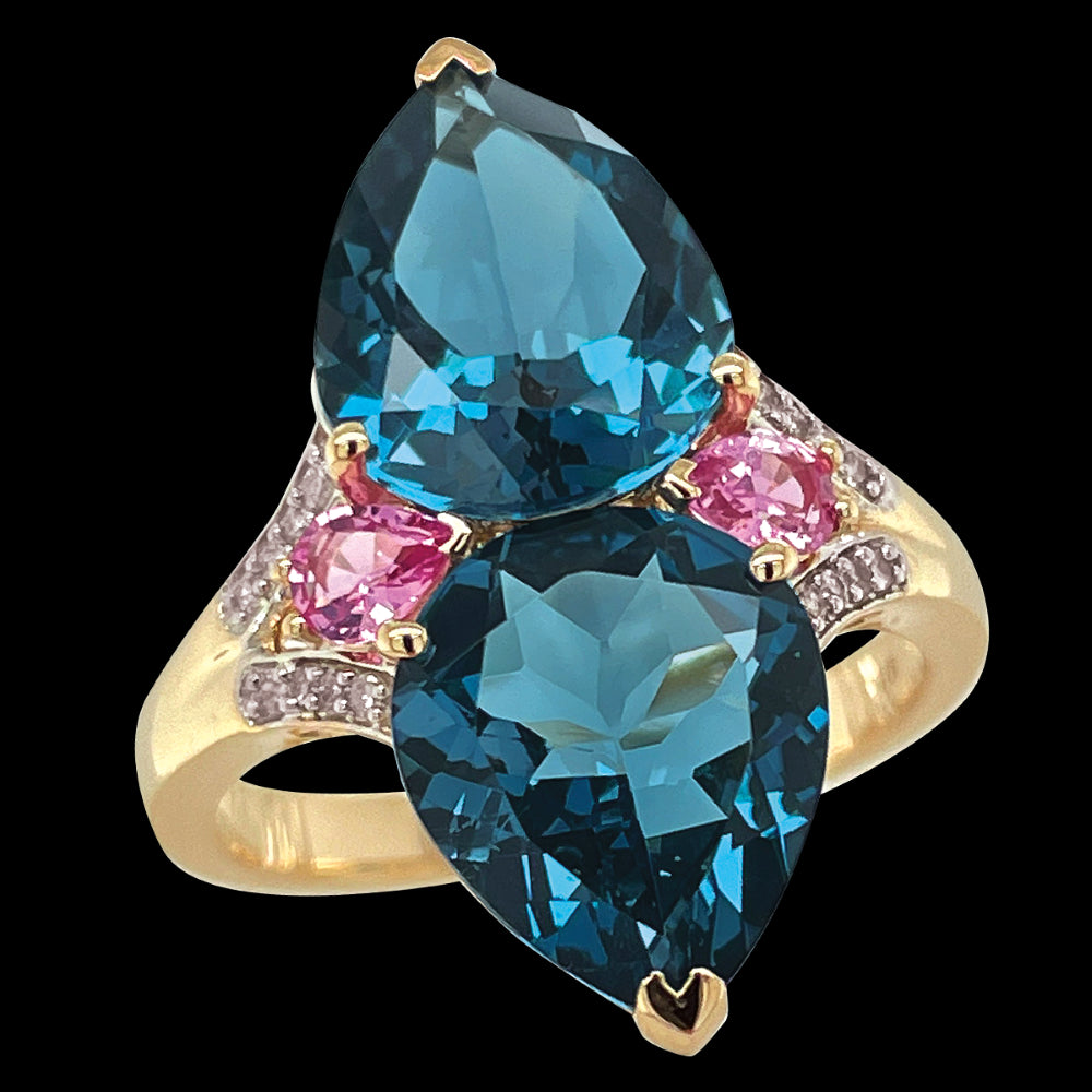 9K Yellow Gold London Blue Topaz,Pink Sapphire & Diamond Ring