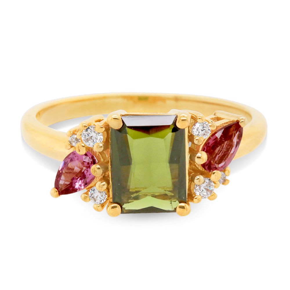 9K Yellow Gold Green Tourmaline, Pink Tourmaline & Diamond Ring