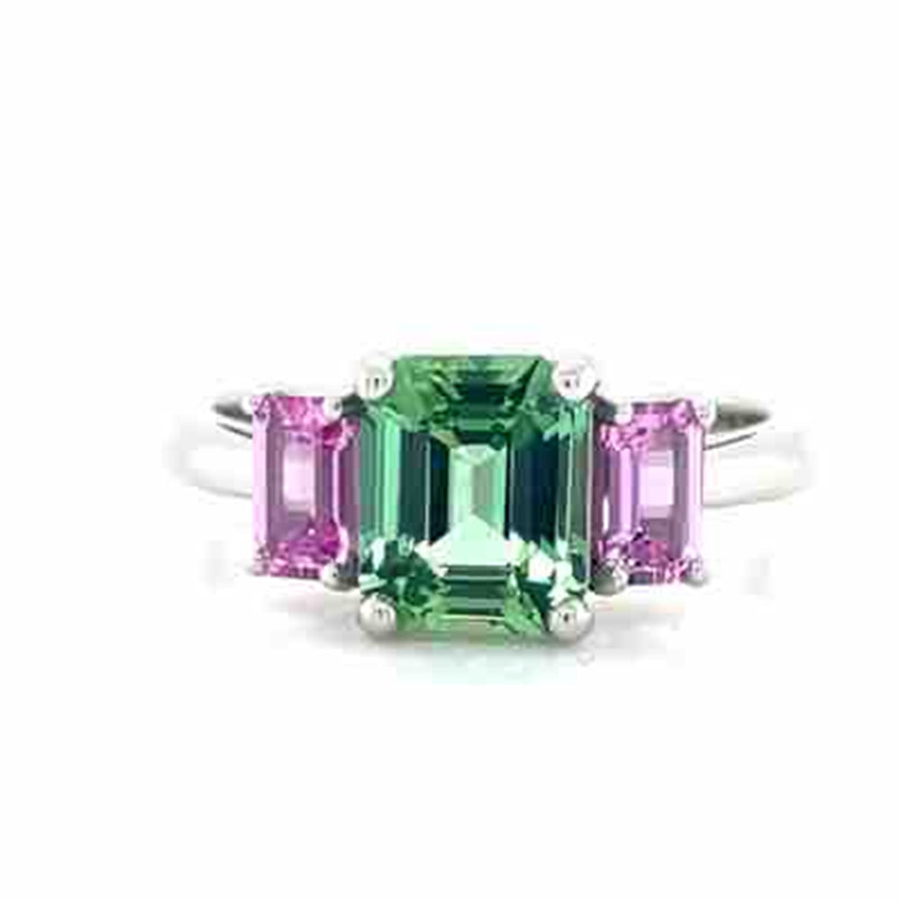 'Phoebe' Platinum 1.78ct Cushion Green Tourmaline & Pink Sapphires Ring