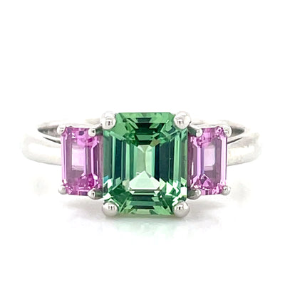 'Phoebe' Platinum 1.78ct Cushion Green Tourmaline & Pink Sapphires Ring