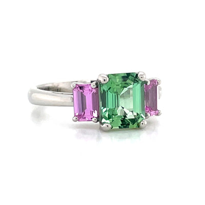 'Phoebe' Platinum 1.78ct Cushion Green Tourmaline & Pink Sapphires Ring