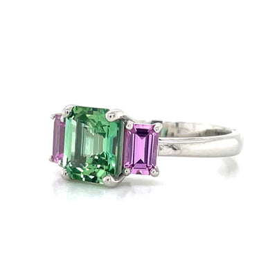 'Phoebe' Platinum 1.78ct Cushion Green Tourmaline & Pink Sapphires Ring