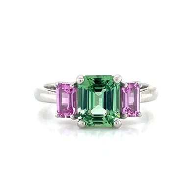 'Phoebe' Platinum 1.78ct Cushion Green Tourmaline & Pink Sapphires Ring
