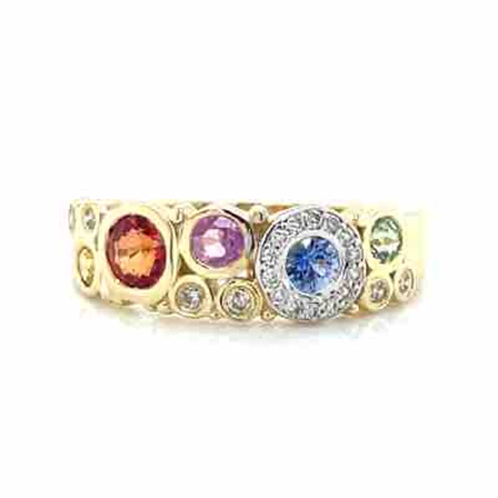 9K Yellow Gold Multi Colour Sapphires & 20=0.12ct Diamonds Ring