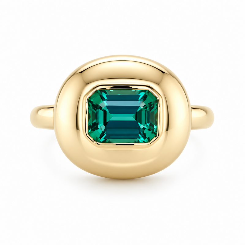 A gold ring featuring a large, cushion-cut emerald-cut green gemstone, presented on a clean white background.