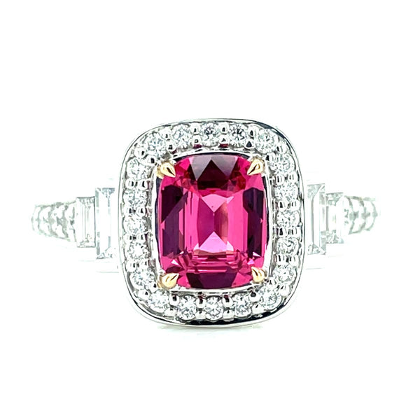 'Sandi' Platinum/18k Gold Pink Spinel (Mahenge) Baguette & Round Diamonds Ring