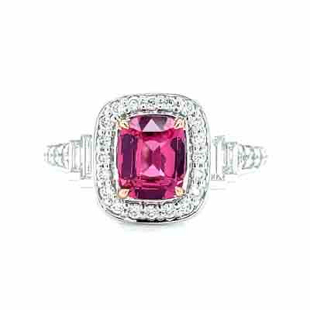 'Sandi' Platinum/18k Gold 1.11ct Pink Spinel Mahenge Baguette & Round Diamonds Ring
