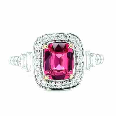'Sandi' Platinum/18k Gold Pink Spinel (Mahenge) Baguette & Round Diamonds Ring