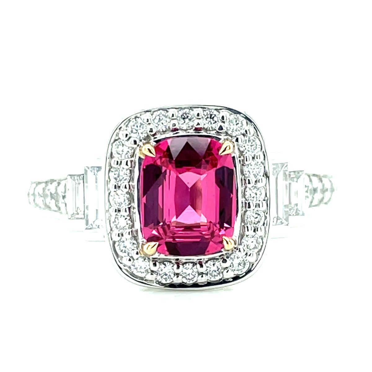 'Sandi' Platinum/18k Gold Pink Spinel (Mahenge) Baguette & Round Diamonds Ring
