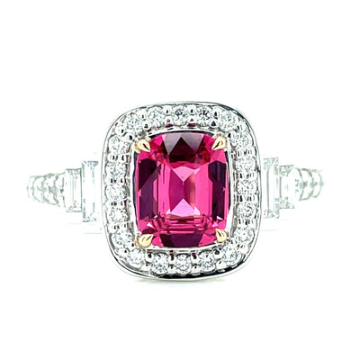 'Sandi' Platinum/18k Gold Pink Spinel (Mahenge) Baguette & Round Diamonds Ring