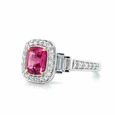 'Sandi' Platinum/18k Gold Pink Spinel (Mahenge) Baguette & Round Diamonds Ring