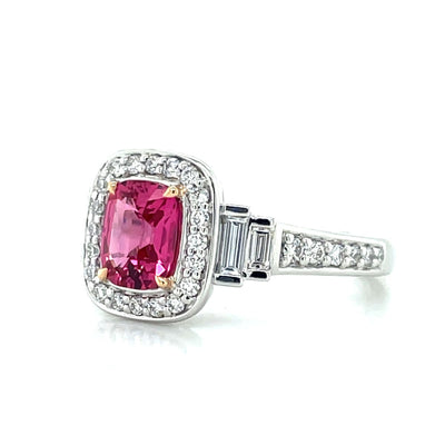 'Sandi' Platinum/18k Gold Pink Spinel (Mahenge) Baguette & Round Diamonds Ring
