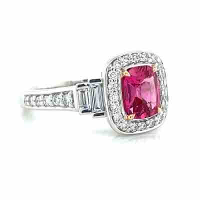 'Sandi' Platinum/18k Gold Pink Spinel (Mahenge) Baguette & Round Diamonds Ring