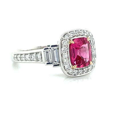 'Sandi' Platinum/18k Gold Pink Spinel (Mahenge) Baguette & Round Diamonds Ring