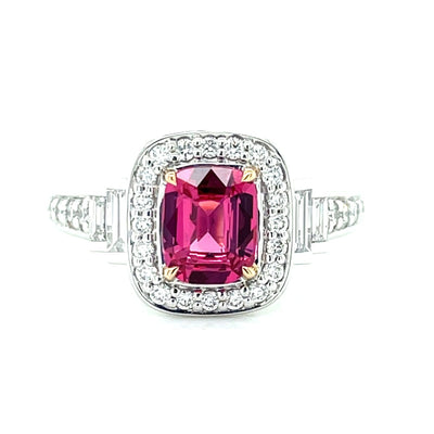 'Sandi' Platinum/18k Gold Pink Spinel (Mahenge) Baguette & Round Diamonds Ring