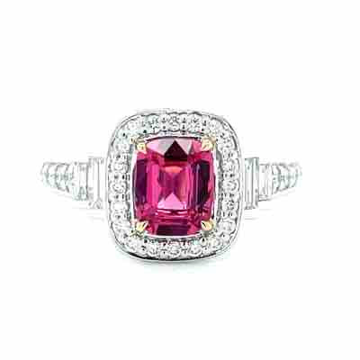 'Sandi' Platinum/18k Gold Pink Spinel (Mahenge) Baguette & Round Diamonds Ring
