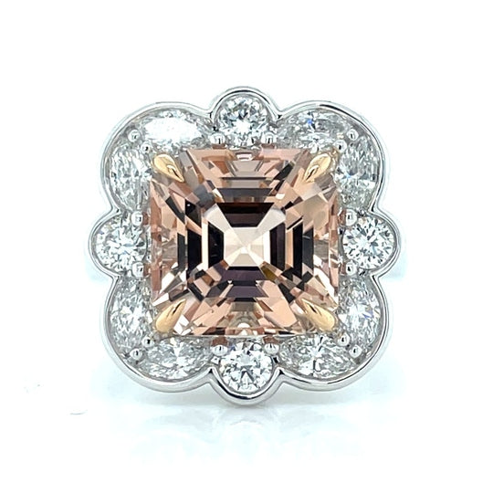 Platinum/18k White Gold 7.15ct Morganite & Diamonds Cluster Ring