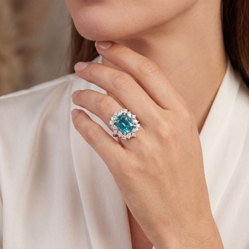 'Ocean Majesty' 18k White Gold 7.61ct Blue Zircon & 1.20ct Diamonds Cluster Ring