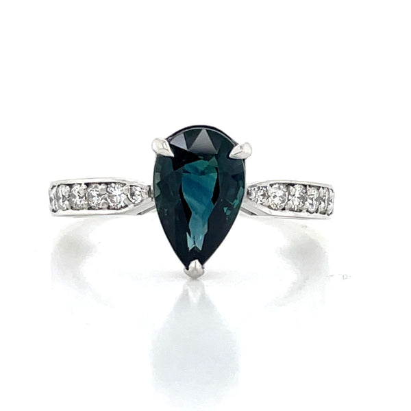 18k White Gold 2.17ct Teal Pear Sapphire & Diamonds Ring
