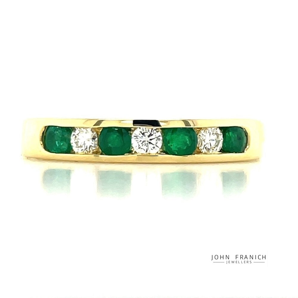 18k Yellow Gold 4=0.32ct Emeralds & Diamonds Channel Band Ring