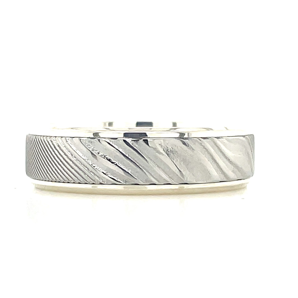 9k White Gold & Damascus Steel 6mm Band Ring