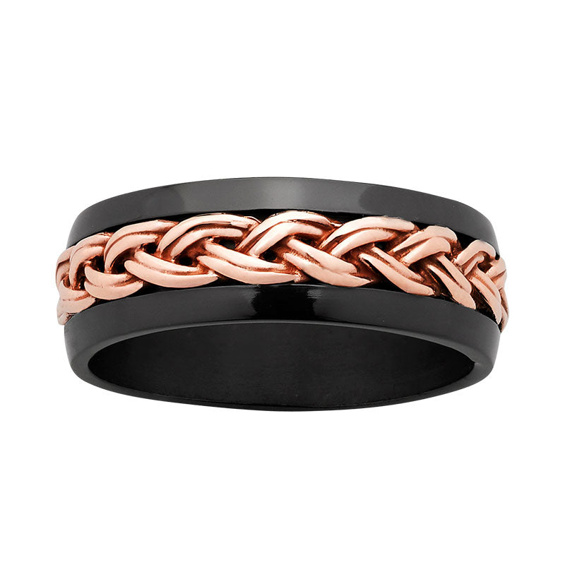 Black Zirconium 8mm Band Ring with 9k Rose Gold Celtic Pattern Inlay