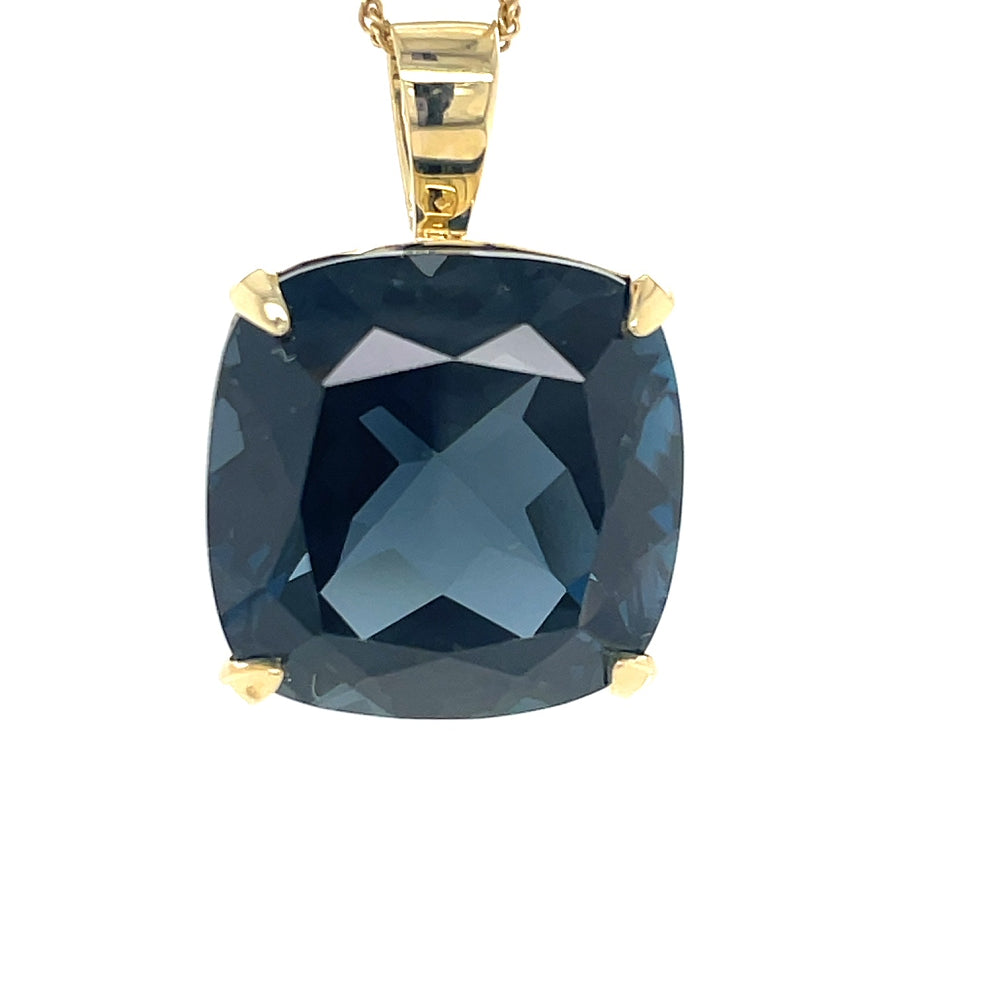 9k Yellow Gold 18mm Cushion London Blue Topaz Pendant