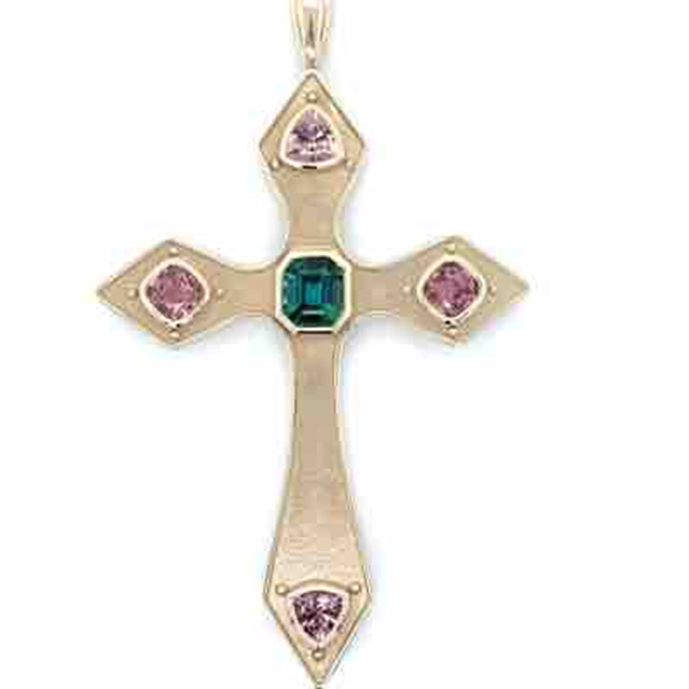 9K Yellow Gold 2.49ct Green & Pink Tourmaline Cross Pendant