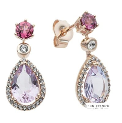 9k Rose Gold Pink Amethyst, Rhodolite Garnet & Diamonds Earrings