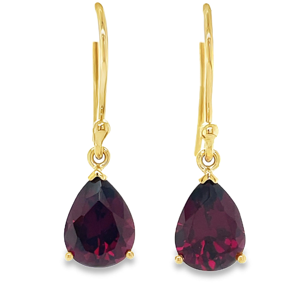 9k Yellow Gold Pear Rhodolite Garnet Hook Earrings