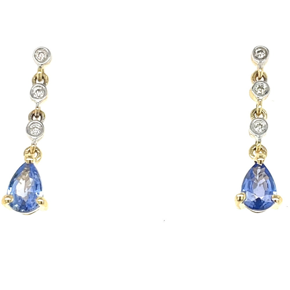 9k Yellow Gold 0.89ct Sapphires & 6=0.06ct Diamonds Drop Earrings